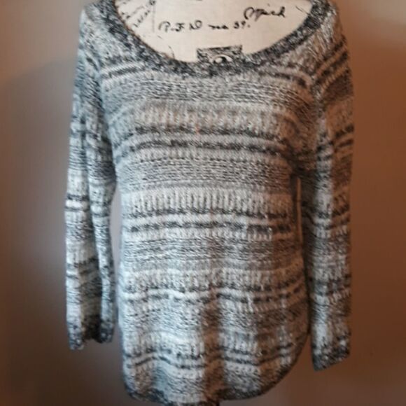 LUCKY BRAND BLACK & WHITE MARLED 3/4 SLEEVE CREWNECK SWEATER LARGE - Picture 1 of 3